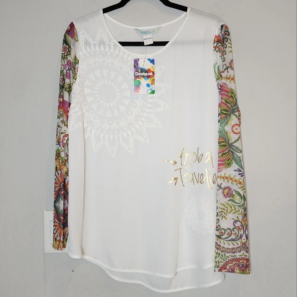 NWT Desigual "Global Traveler" Mesh Long Sleeve Printed White Blouse. Size XL.
